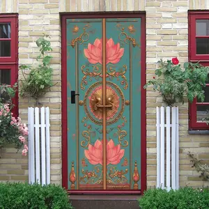 2pcs Chinese Retro Relief Decorative Door Wall Sticker Blue Background Gold Lotus Pattern Self Adhesive Wallpaper Living Room Entrance Bedroom Backdrop Decoration Removable Waterproof PVC Material Southea