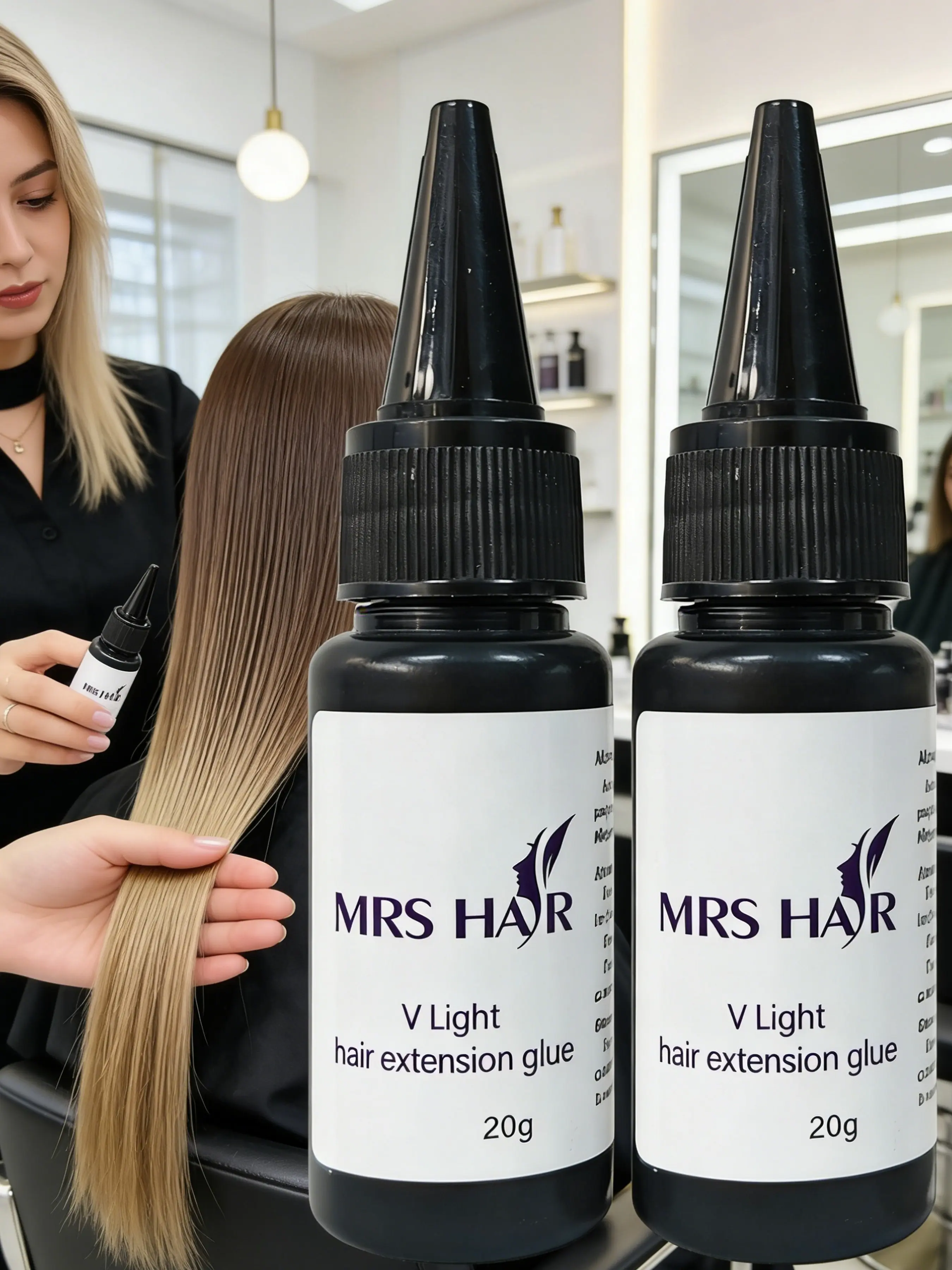 2 Bottles V Light Hair Glue for Extensions 20g Each, Quick Bonding Hair Extension Adhesive, UV Lamp Cured False Hair Gel for All Seasons