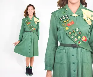 1940s Green Girl Scout Uniform Dress & Accessories, Small