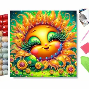 5D Diamond Painting Kit - Whimsical Gemmed Smiling Sun with Sunflowers | Full Round Drill DIY Art for Bold Home Decor | Stunning Fantasy Craft Gift for Adults