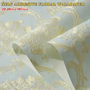 3D Embossed Damask Peel and Stick Decorative Self Adhesive Wallpaper, Light Blue Non-woven Removable Wall Covering, 20.8"x197" for Bedroom Living Room