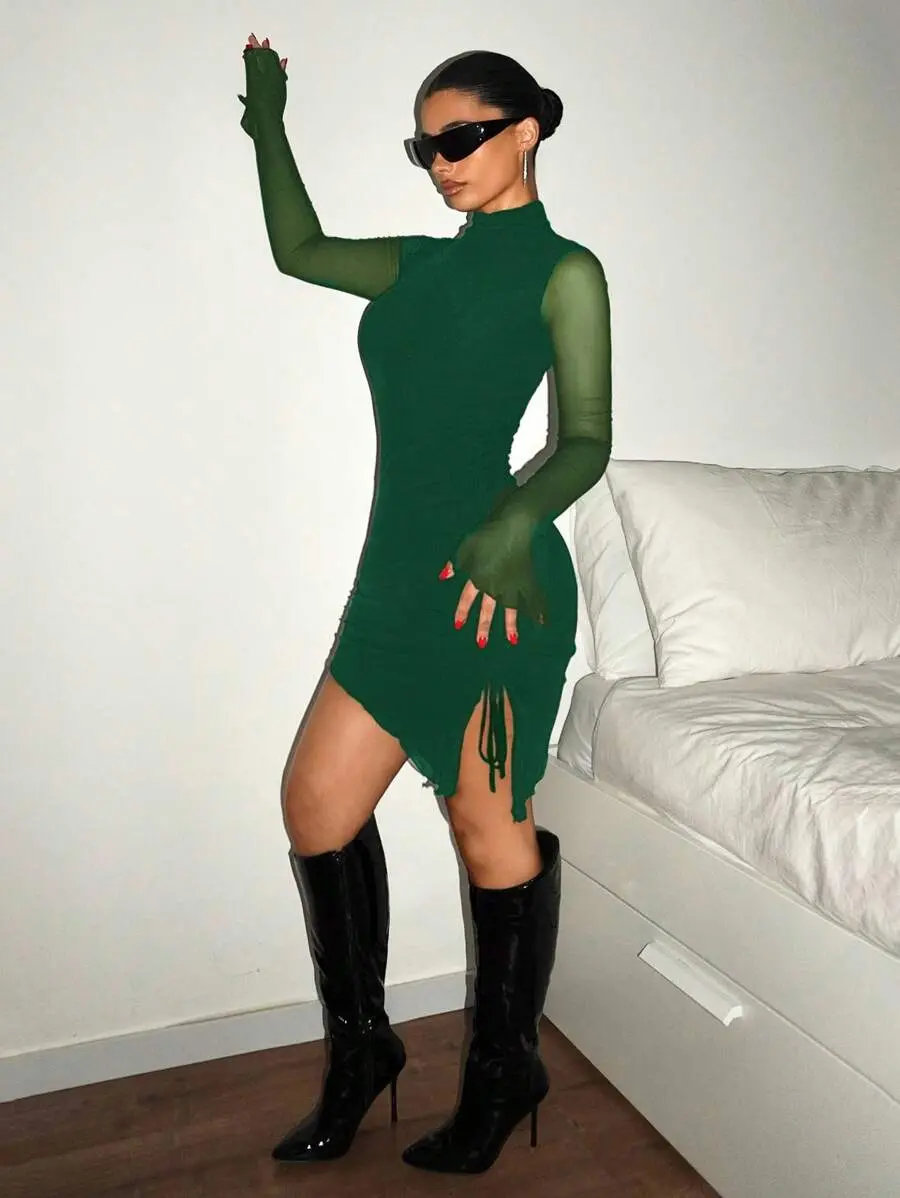 shein green dress long sleeve SHEIN Modely Cloak Sleeve Knot Side Green Modest Dress | Dress