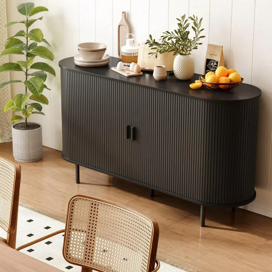 Black Modern Sideboard Buffet Set with Curved Back PU Leather Chairs, Sliding Door, Adjustable Shelf, Vertical Dresser Handle, Double Tub - Storage Console Table for Kitchen, Dining Room, Vertical Handle