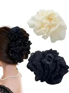 Women's Multilayer Bow Hair Clip Set, Bubble Net Fabric Design with Rhinestone Accents, Suitable for Daily Wear & Various Occasions, Elegant Style Butterfly Knot Clips