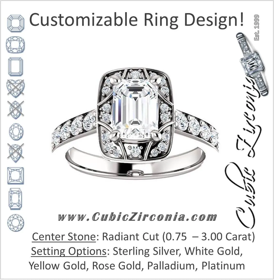 Cubic Zirconia Engagement Ring- The Payton (Customizable Radiant Cut with Segmented Cluster-Halo and Large-Accented Band)