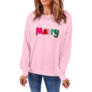 Women's Pink Chenille Merry Graphic Christmas Sweatshirt for Holiday Cheer