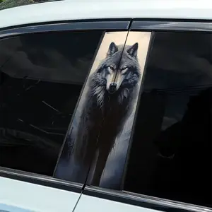 2Pcs A Dark Red Eye Grey Wolf Theme Car Sticker - Durable Vinyl Sticker, Suitable for B-pillar, Semi-matte Surface, Self-Adhesive, Compatible Metal Surface,Rectangle Shape,Car Decor, Car Stickers, Car Decals