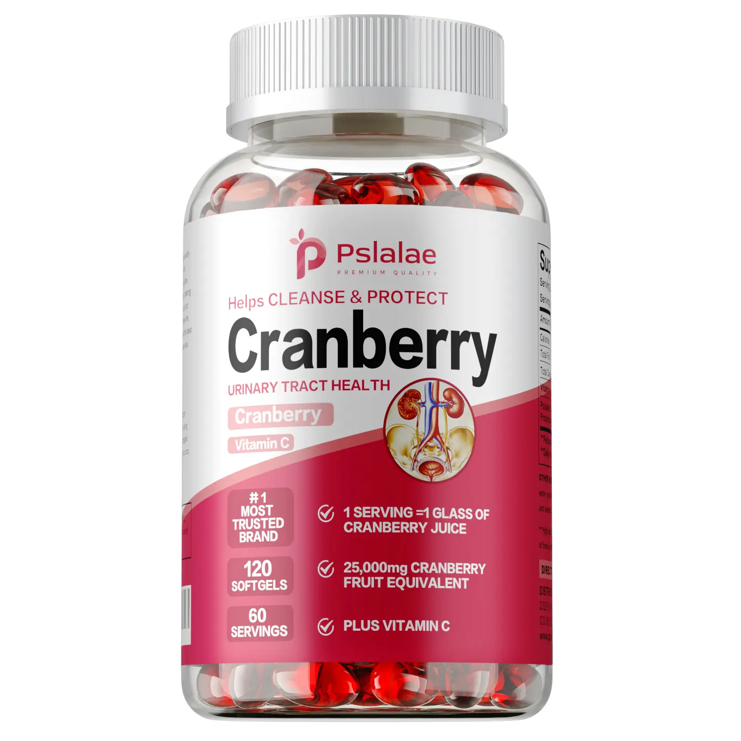 Pslalae Cranberry Softgels contain the equivalent of 25,000 mg of cranberry extract and vitamin C per capsule, which helps maintain the health of the urinary system and bladder. Available in packs of 60 and 120 capsules.