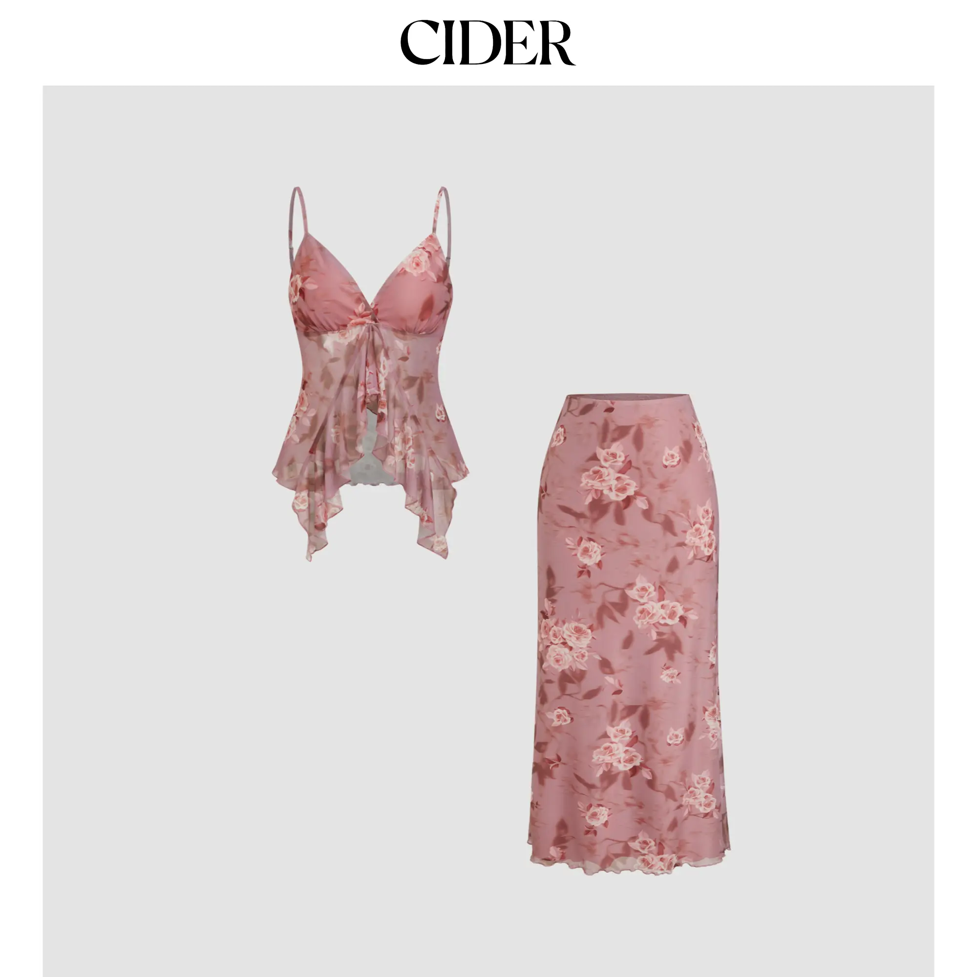 Cider Women's 2-Piece Cute Sets for Women - V-Neck Ruffled Camisole, Mid-Rise Long Skirts Floral Clothing Set, Clothes, Camisole Top, Two-Pieces
