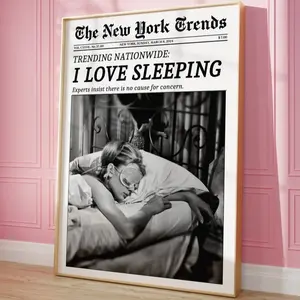Vintage Newspaper Poster, I Love Sleeping Funny Quote Bedroom Wall Art Cozy Aesthetic Decor