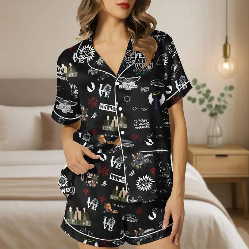Supernatural Short PJS, Sam And Dean Winchester Satin Pajamas, Supernatural Merch (Short)