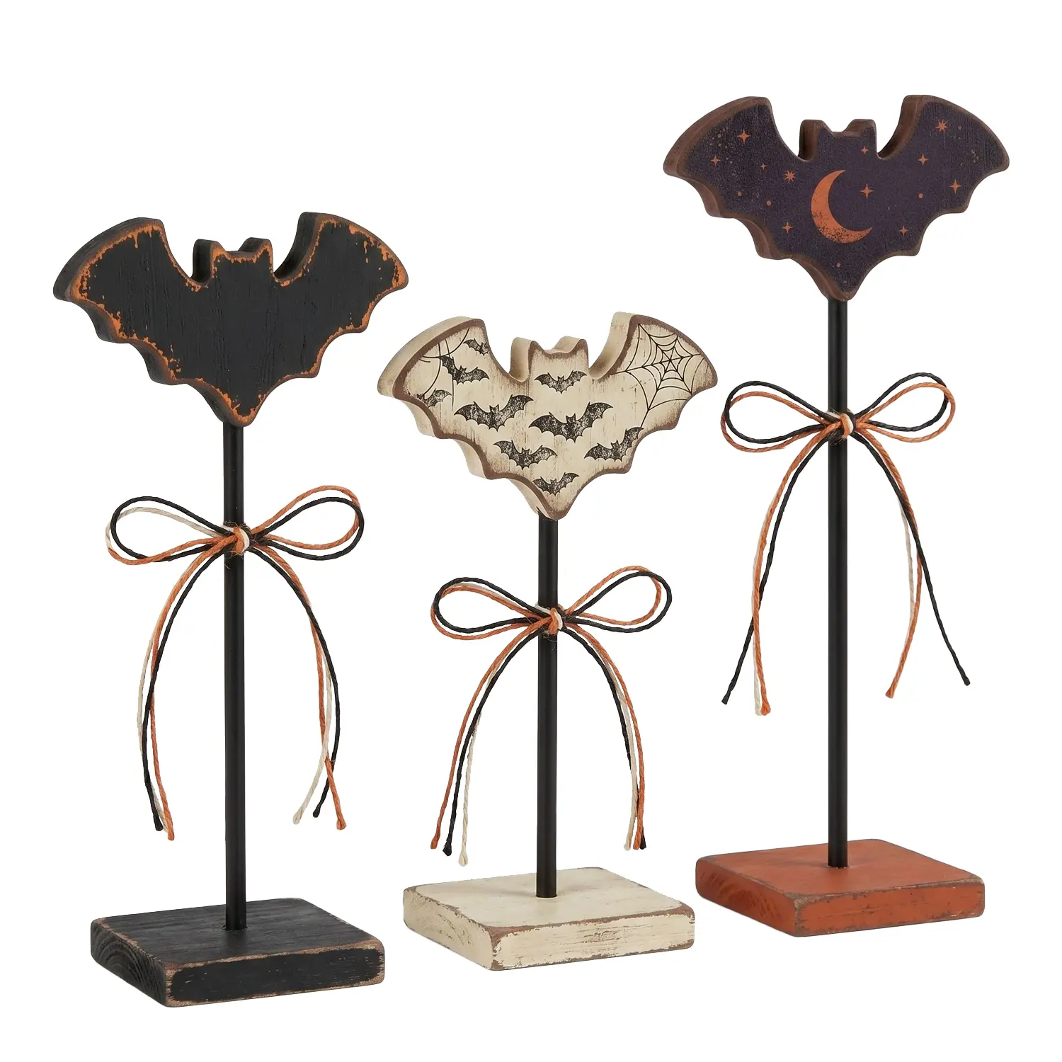 Vintage wooden bat decor set (3 pieces) — rustic horror-style centerpieces, distressed bat-shaped Halloween tiered tray decorations with star, moon, and spiderweb designs, solid black design, American country-style autumn mantelpiece décor, eerie