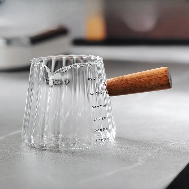 180ML/6oz Wooden Handle Glass Measuring Cup - Sturdy, Elegant Wood and Glass Look Durable Kitchenware for Espresso, Cooking, Baking, Daily Use Coffee Tea Accessory, Anti-Scalding