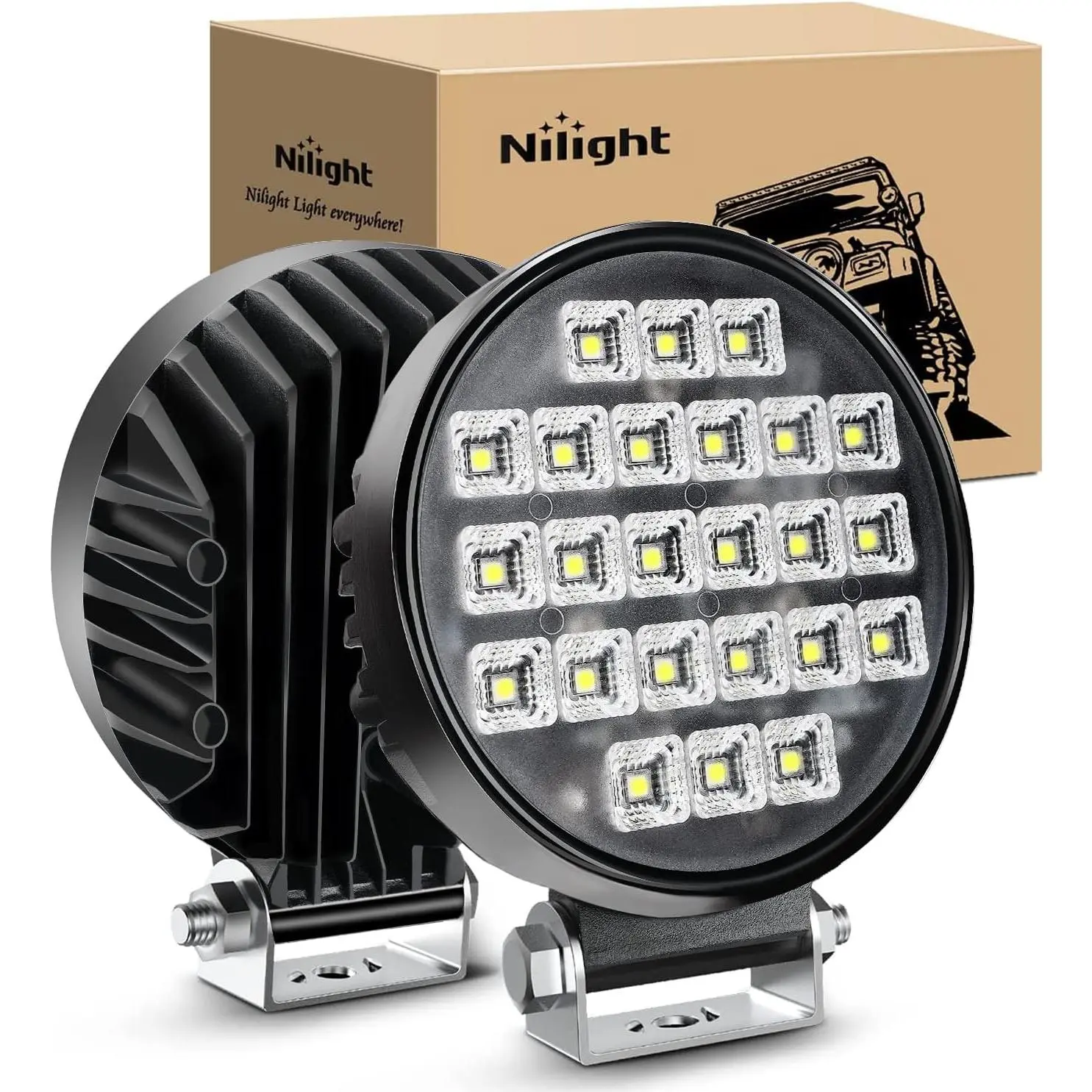 Nilight 4.3in Round LED Automotive Auxiliary Lights - 2PCS 72W Power 5760LM 150° Floodlights, Aluminum 4x4 Off-Road Lamps with Integrated Toggle Switch, Mount Kit for Marine, Mining Use, Hunting