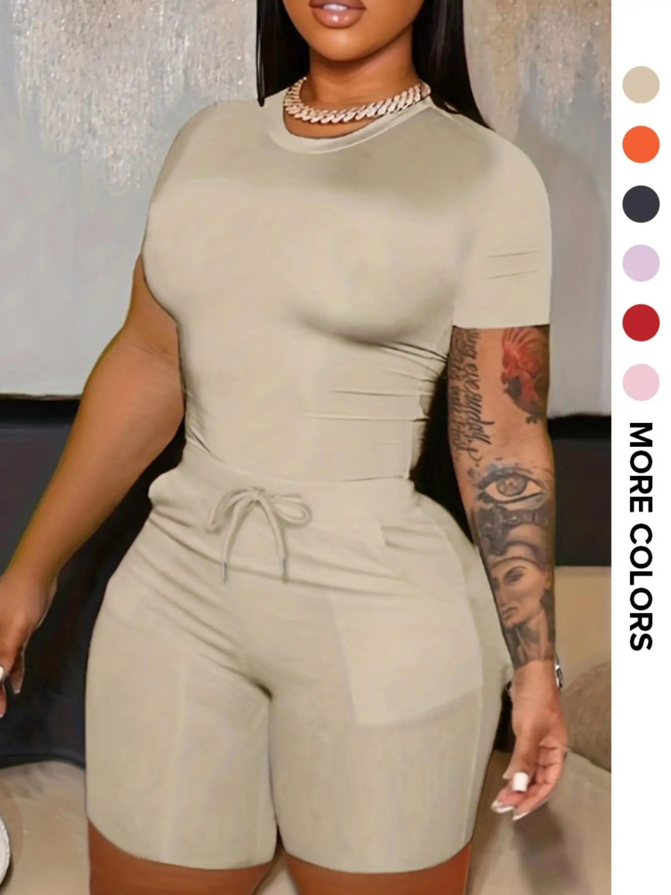 Two-Piece Set Women's Solid Pocket Shorts Two-piece Set, Casual Round Neck Tee & Drawstring Shorts, Summer Clothes Women, Outfit Sets for Women, Comfy