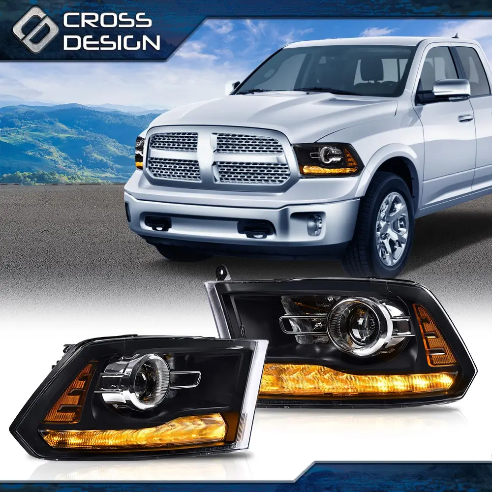 CROSSDESIGN Projector Headlight with LED DRL, Factory Direct Pair Set for 13-18 Dodge Ram 1500 2500 3500, Black LED Front Lights for Enhanced Driving Safety