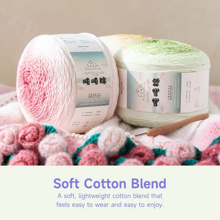 Air Puff Cotton Cake Yarn from Susan's Family, 290grams/634yards per cake, 60% Cotton 40% Acrylic Sport Weight Yarn for Blankets, Throws, Garments, Bouquets, Flower, Crochet and Knit Projects