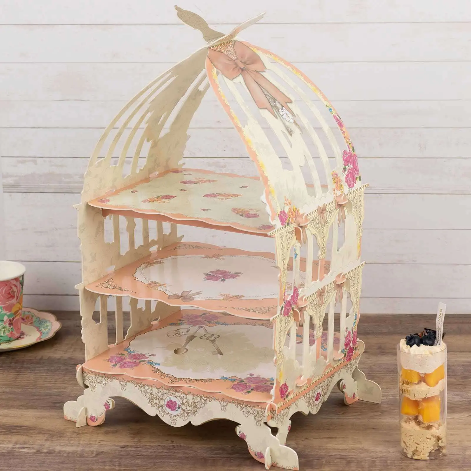 18 in 3-Tier White/Peach Birdcage-Style Cardboard Cupcake Stand, Reusable Flower-Print Pedestal Dessert Display for Party Decor, Afternoon Tea Dessert Bars, Cake Display Holder
