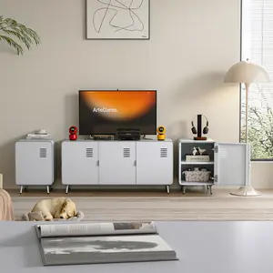 Homy Casa Walnut Steel TV Stand, Blue Metal Storage Cabinet with Doors, Adjustable Shelves, for Living Room, Office, Entryway