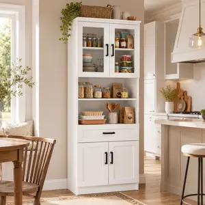 Homieasy 79.7'' Kitchen Pantry Storage Cabinet, Freestanding Kitchen Hutch Cabinet with Tempered Glass Doors & Adjustable Shelves, Display Bookcase for Living Room, Pantry Cabinet for Dining Room furniture