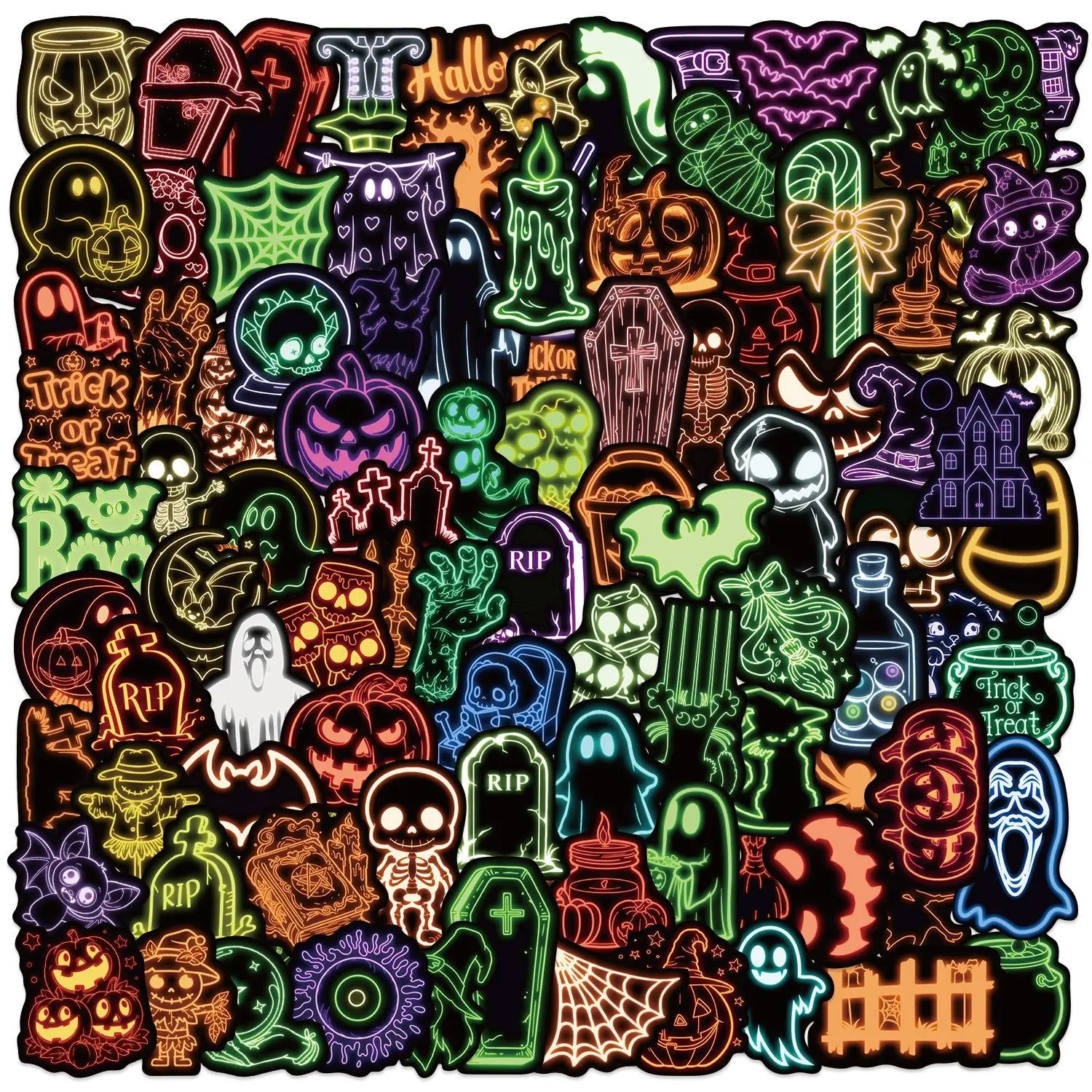 100 Sheets Cartoon Neon Halloween Graffiti Stickers, DIY Decor for Guitar Notebook Luggage, Waterproof Sticker Set for Journaling, PVC Waterproof Stickers