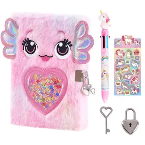 Axolotl Diary for Girls with lock and keys, Kids Journal School Travel Notebook Gift Set for Writing and Drawing,Multicolored Pen, Stickers, Birthday Gift for Girls ages 6-8, Paper Gifts