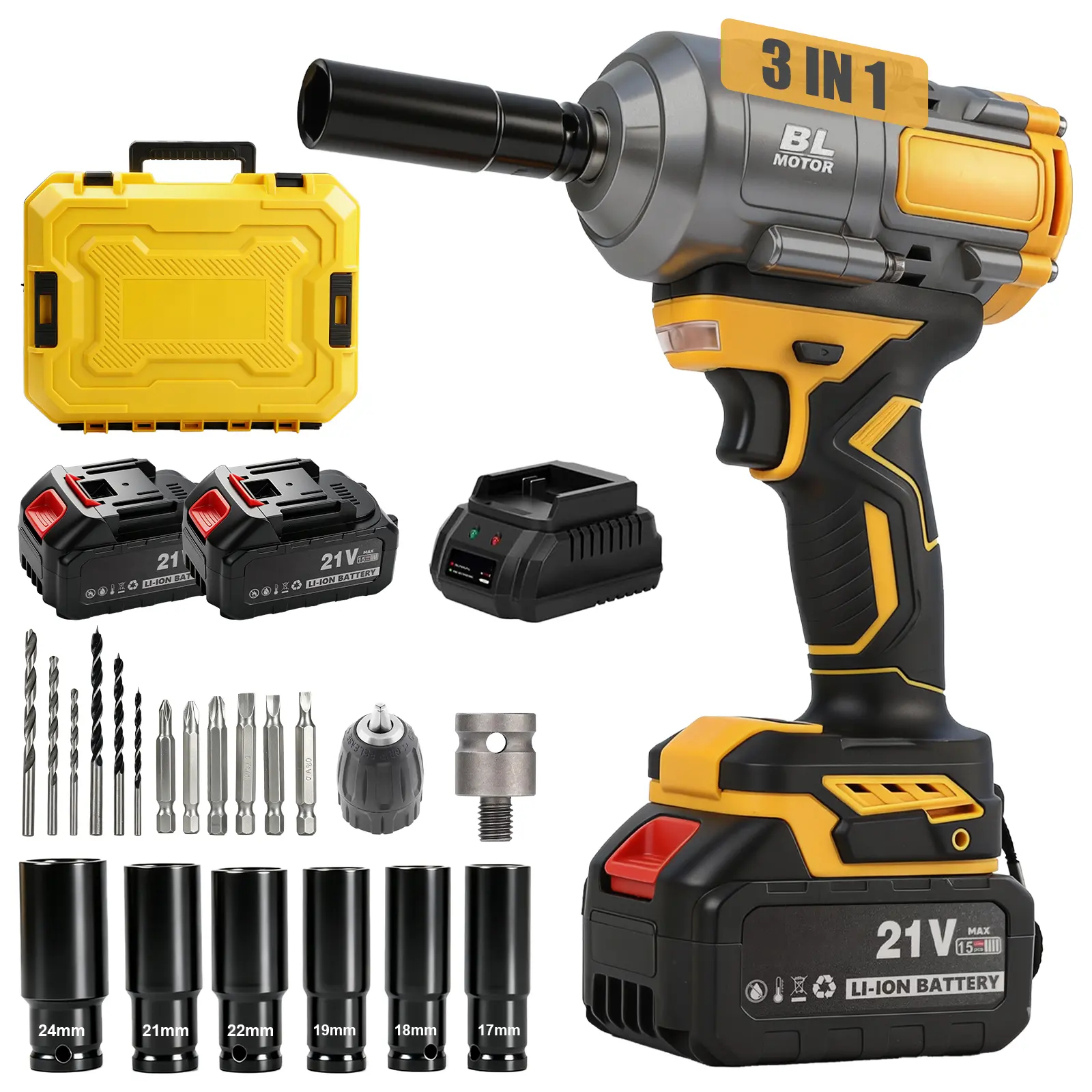 Cordless Impact Wrench - 590Ft-lbs (800N.m) Brushless 1/2 inch, 3300RPM High Torque Impact Gun, 2x 4.0Ah Battery, Charger & 7 Sockets, Electric Impact Wrench for Car Home
