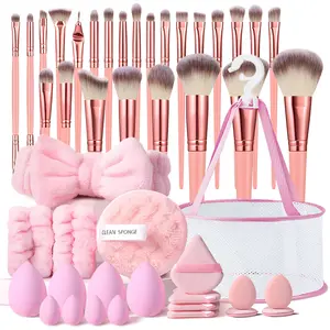 46Pcs Makeup Brush Set - 25Pcs Pink, Synthetic Makeup Brushes with Makeup Sponges, Finger Puffs, Triangle Puffs, Cleaning Sponge, Wristbands, Headband, Mesh Drying Basket - Perfect for Foundation, Contour, Eyeshadow & More