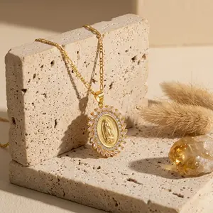 14K Gold Plated Our Lady of Guadalupe Necklace | Sparkling CZ Sunburst Medallion | Spiritual Jewelry Gift for Women