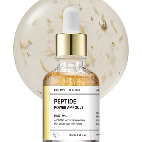 BOM Affordable Glass Glow Korean Skincare Peptide Power Ampoule Serum - 1.01 Fl Oz Penta-Peptide 24k Gold Thread 99% Pure Gold Serums & Essences for Anti-Aging, Fine Lines, Dark Spots, Dullness Reduction, Firming, Elasticity & Radiance Boost