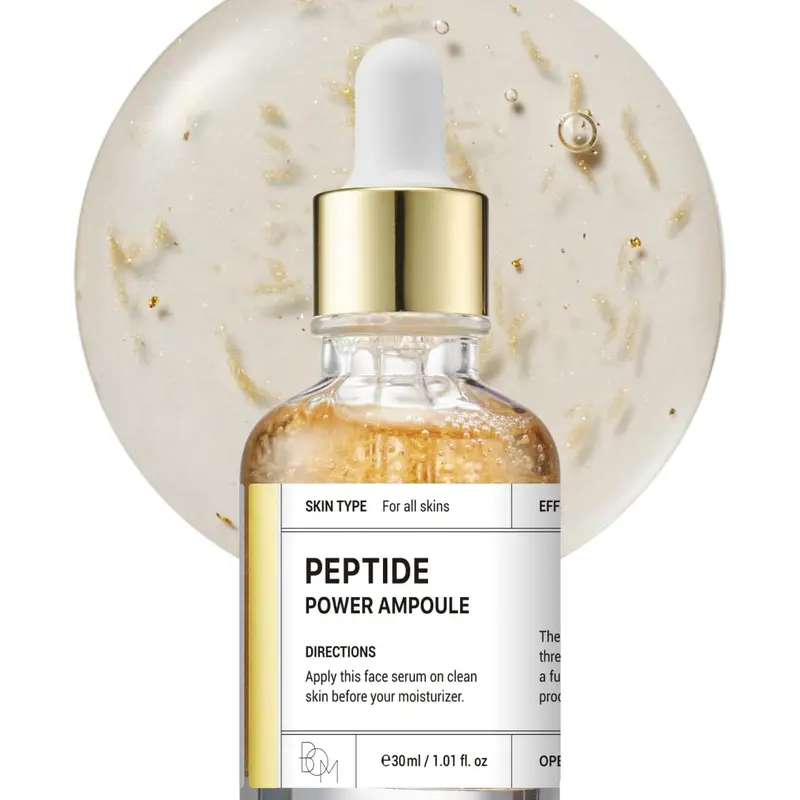 BOM Affordable Glass Glow Korean Skincare Peptide Power Ampoule Serum - 1.01 Fl Oz Penta-Peptide 24k Gold Thread 99% Pure Gold Serums & Essences for Anti-Aging, Fine Lines, Dark Spots, Dullness Reduction, Firming, Elasticity & Radiance Boost