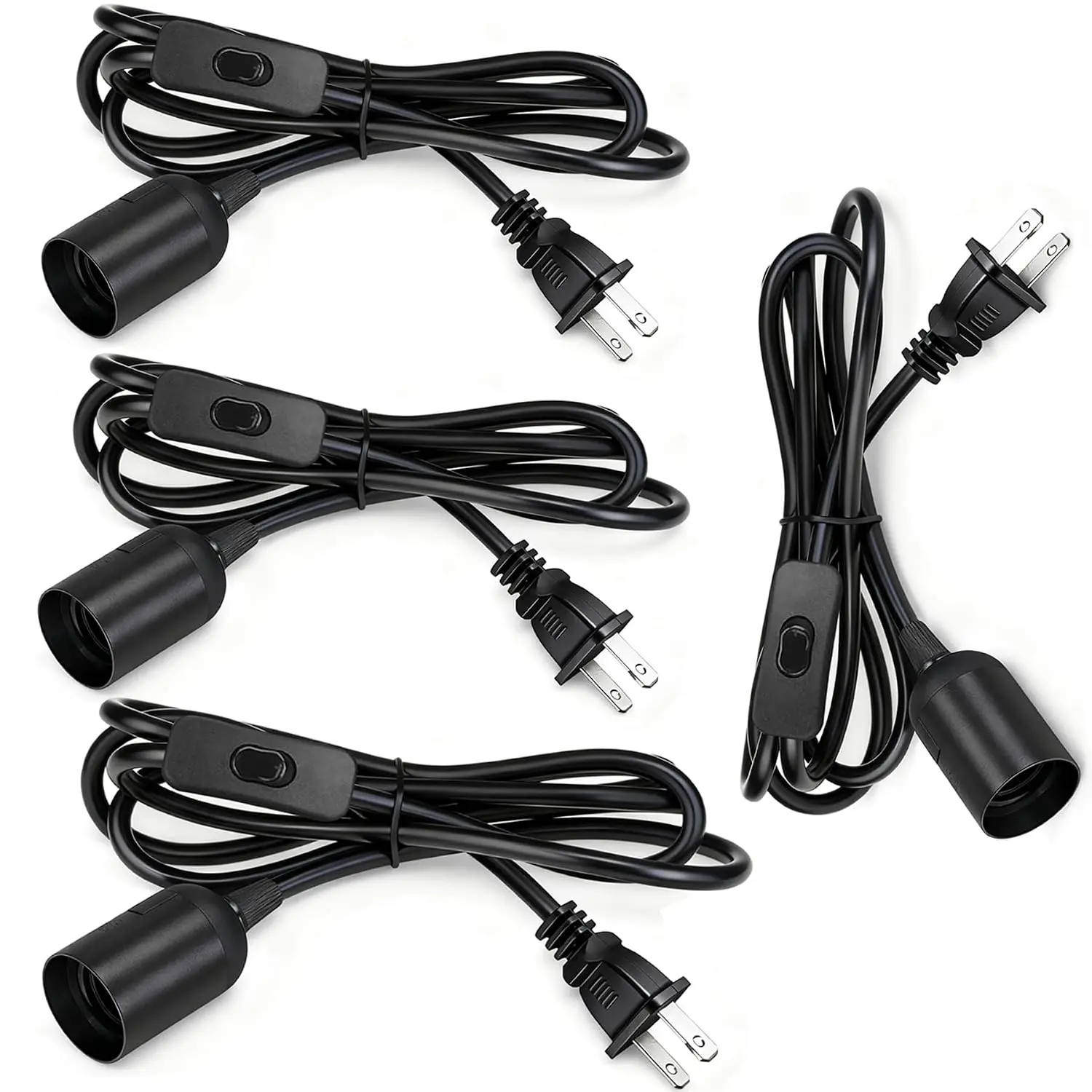 4-Pack PVC Indoor Hanging E26/E27 Light Bulb Socket Set, 10Ft Plug-in Extension Cord with On/Off Switch, UL-Listed Black Pendant Lamp Cable, Set Pack