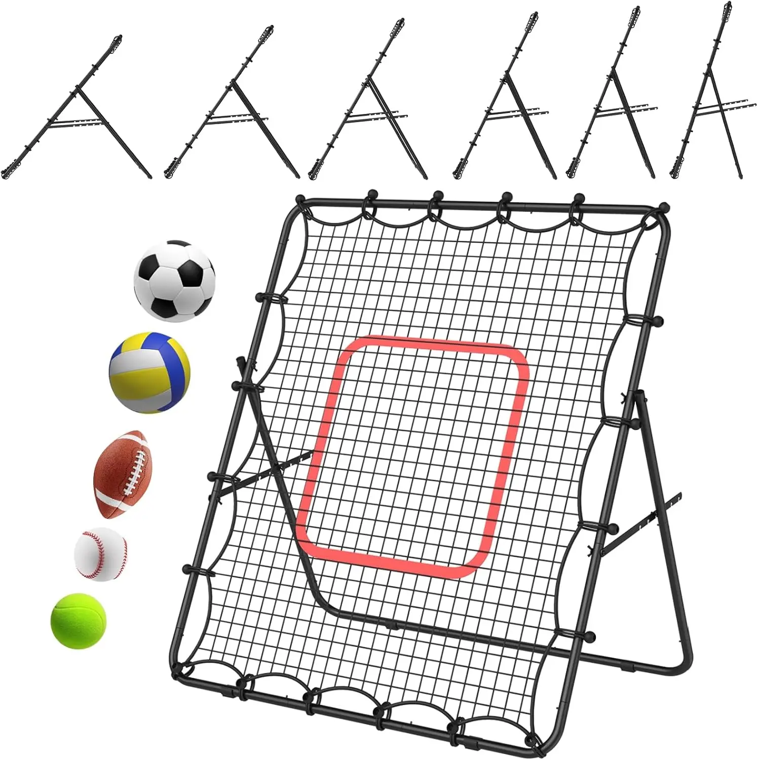 4x4 ft Multi-Sport Rebounder Net, Baseball/Softball/Soccer Pitch-Back Trainer with Attachable Pitching Target, 3 Adjustable Angles, Portable Bungee Fielding Practice Equipment for Backyard
