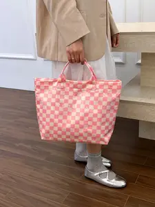 2026 New Checkered PVC Tote Bag for Women, Korean Style Large Capacity Waterproof Handbag, Laptop Shoulder Bag, Travel Shopping Bag