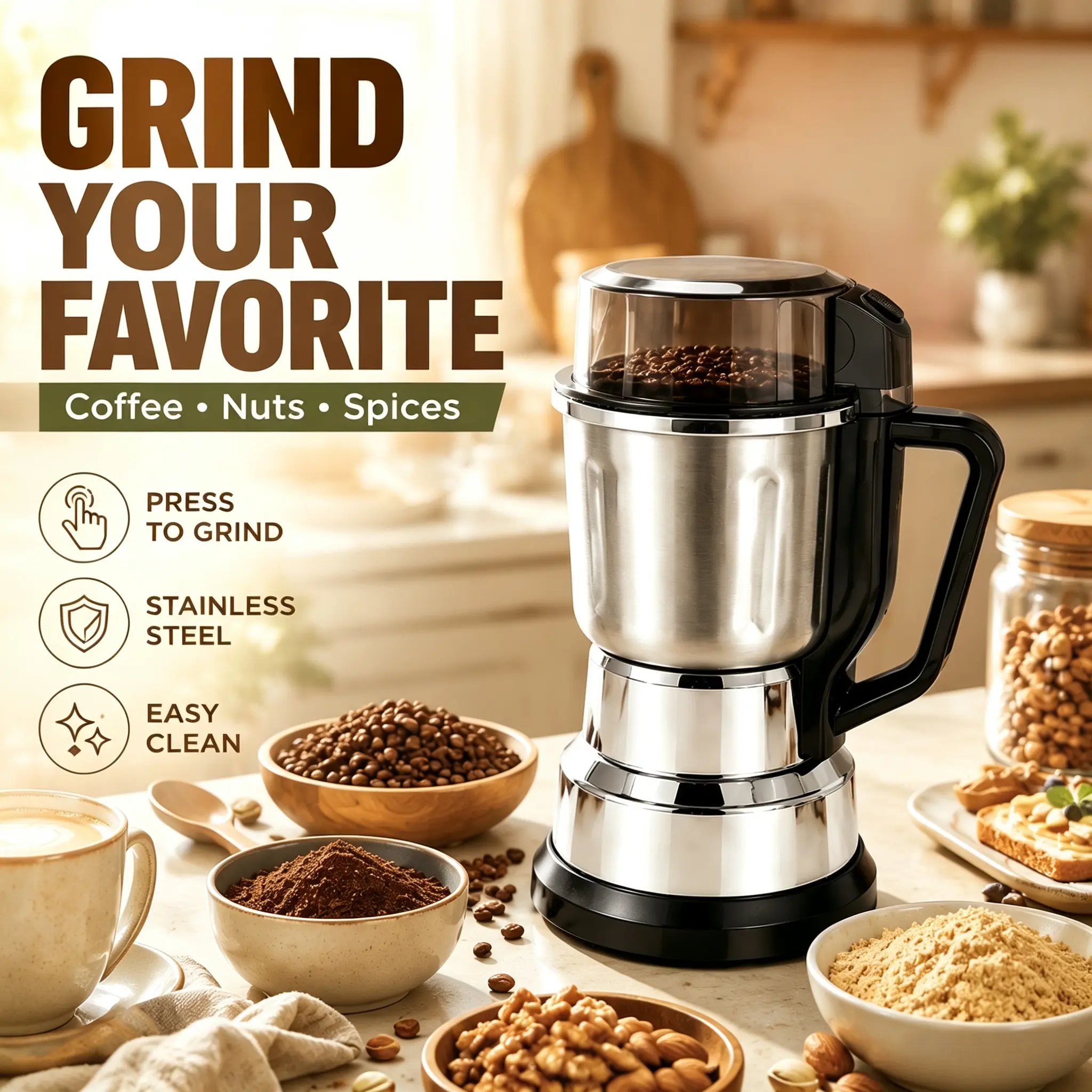 (FREE EXTRA Blades) Powerful Grinder Makes Perfect Coffee & Powder Everyday,Multifunctional Grinder with 300w Power Fast & Safe Grind, Multi-Use Coffee Grinder, Compact Electric Grinding Machine, Home Coffee Bean Grinder Kit, Ultimate Kitchen Grinder Set,