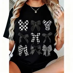 Large Size Women'S Clothing, Casual Bow Print T-shirt-Short Sleeve, Round Neck, Machine Wash, Summer Spring Fashion Tops, Spring Leisure T-shirt| round Neck T-shirt