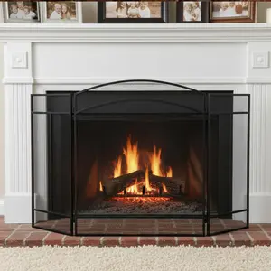 Fireplace Screen 3 Panel Spark Guard Cover 48.2"(L) X 28.7"(H) Foldable Wrought Iron Metal Gate for Living Room Home Decor Black