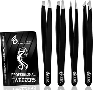 4 count Tweezers for Facial Hair Women & Men for Precise  of Eyebrows - Professional Stainless Steel Black Color Coated Eyebrow Tweezers for Ingrown Hair on Nose Ear