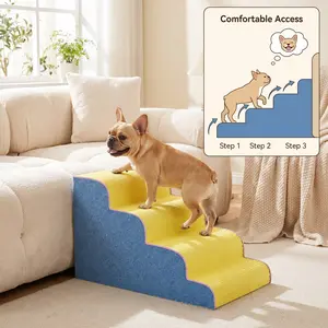 Orthopedic 4-Tier Pet Stairs for Dogs & Cats, Vibrant Yellow & Blue Foldable Pet Steps with Non-Slip Base & Removable Washable Cover, Joint Protection Pet Ramp for Sofa Bed, Ideal for Senior Pets, Puppies & Kittens