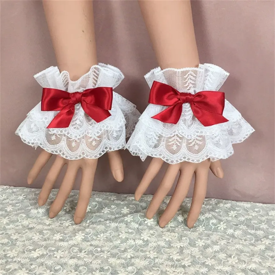 Hand Sleeve Wrist Cuffs with Sweet Ruffled Lace Accent, Multicolor Bowknot Maid Cosplay Bracelet for Wedding Party Accessories Stretch Bracelets Adjustable Cuff