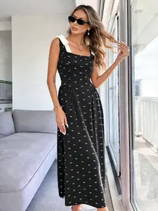 Elegant Black Gold Bow Print Square Neck Waist-Cinched Midi Dress Sweet & Edgy Black Gold Bow Print Retro Sleeveless Statement Midi Dress Vacation Style Black Gold Bow Print Flowy Square Neck Midi Dress