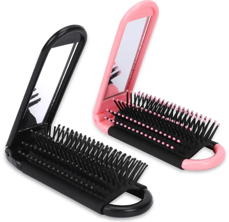 Folding Travel Hair Brush with Mirror, Massage Comb, and Styling Tool - Compact 2 Pack (Black & Pink)