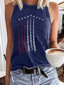 Women's Sleeveless Tank Top, Womenswear, Blue Air Force Print, Printed Sleeveless Loose, Casual Round Neck, Loose Fit, All Seasons