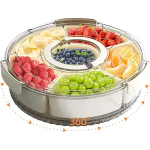 Divided Serving Tray with Lid and Handle Stackable Snackle Box Container for Fruits Candy Organizer Portable Spinning Rounded Veggie Tray for Kitchen Party Travel and Picnic 1 PACK