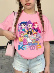 Girls' Round Neck Short Sleeve T-Shirt, Graphic Tee, K-Pop Boy Band Girl Group Cartoon Pattern, Soft Comfortable Knit Fabric, Summer Outdoor Activities