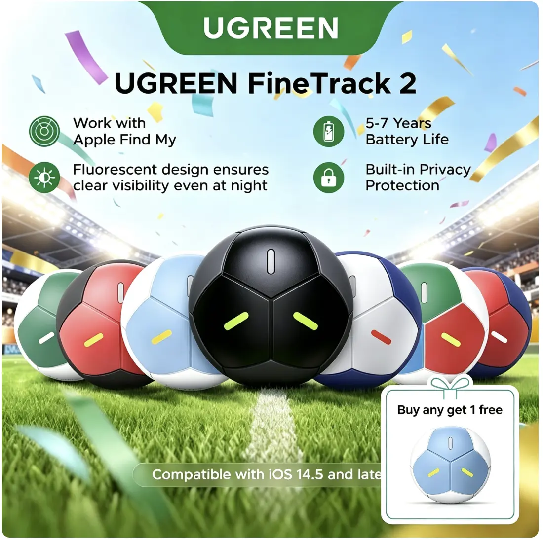 【LIVE ONLY】UGREEN FineTrack2 Air Tracker Tags (iOS Only),Soccer-Shaped Key Finder Compatible with Apple Find My,7-Year Battery Life Bluetooth Tracker for Keys, Bags and More summerwins Waterproof Sports Tracking Wireless Tag,Summer Sale tiktokshopbacktosc