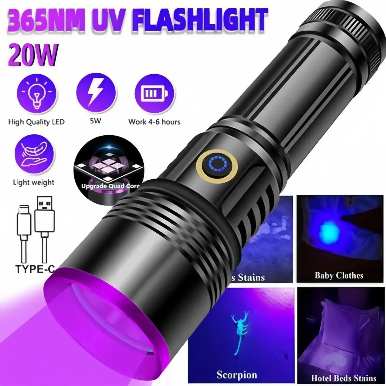 Powerful 365NM UV Flashlight Type-C Rechargeable Waterproof 26650 Purple Light for Pet Urine Stains Detector