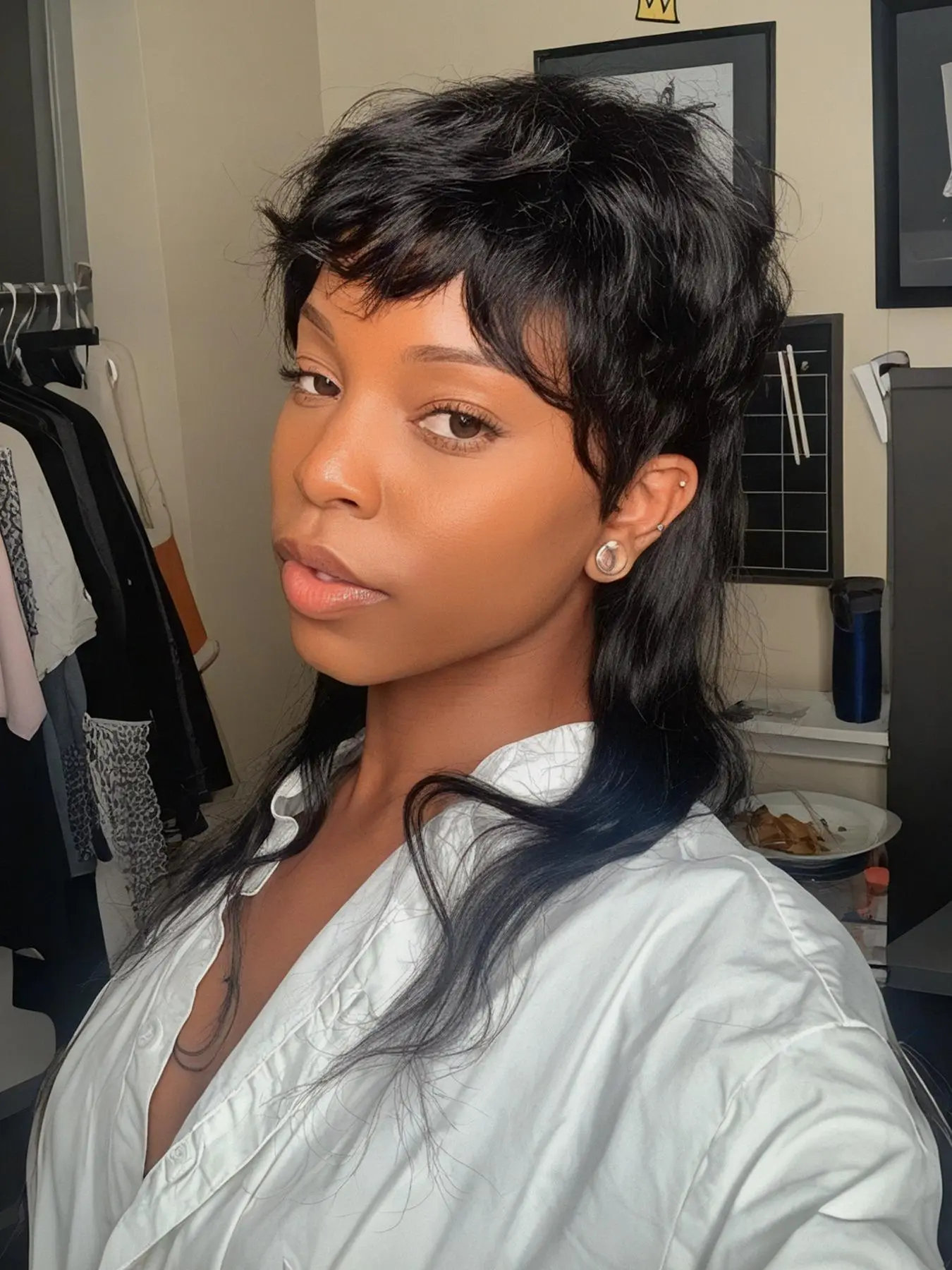Brazilian Remy Human Hair Wolf Cut Wig Short Bob Pixie With Bangs Machine Made Straight Mullet Style Natural Black Wigs, Natural Looking Wigs, For Women Glueless Wig