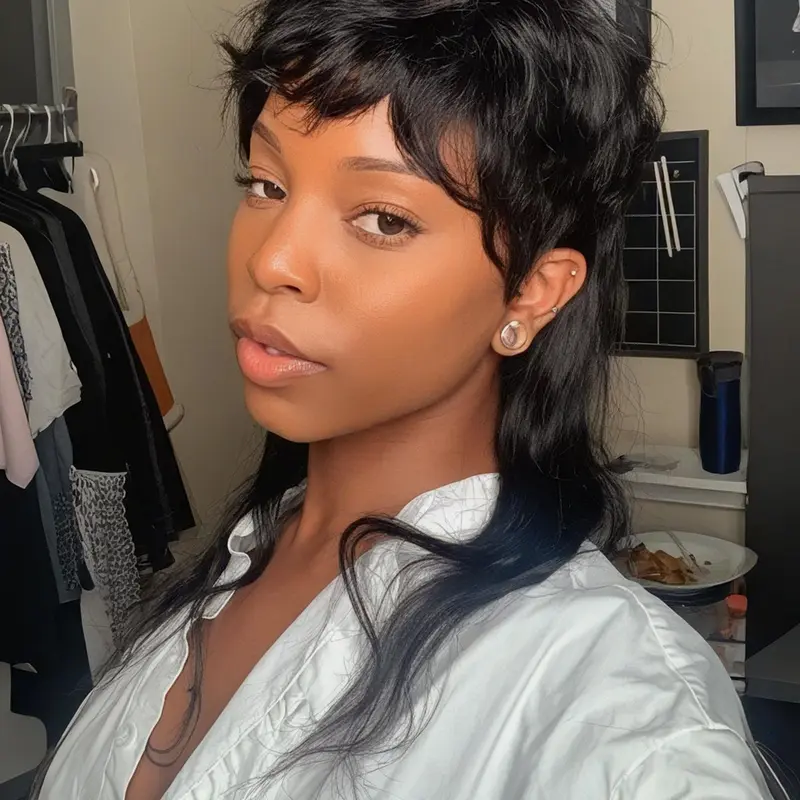 Brazilian Remy Premium Human Hair Wolf Cut Wig Short Bob Pixie With Bangs Full Machine Made Straight Mullet Style Natural Black Colored Wigs For Women New Style Wolf Wave Brazilian Human Hair Wigs For Woman Machine Made Pixie Cut Remy Hair
