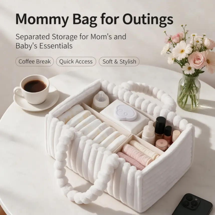 Plush Makeup Organizer with 3 Divided Compartments, Fluffy Chenille Desk Caddy with Puff Ball Handle, Soft Cream Cosmetic Storage Basket for Vanity Skincare Brushes Stationery, 15 x 10.2 x 7.1 Inches